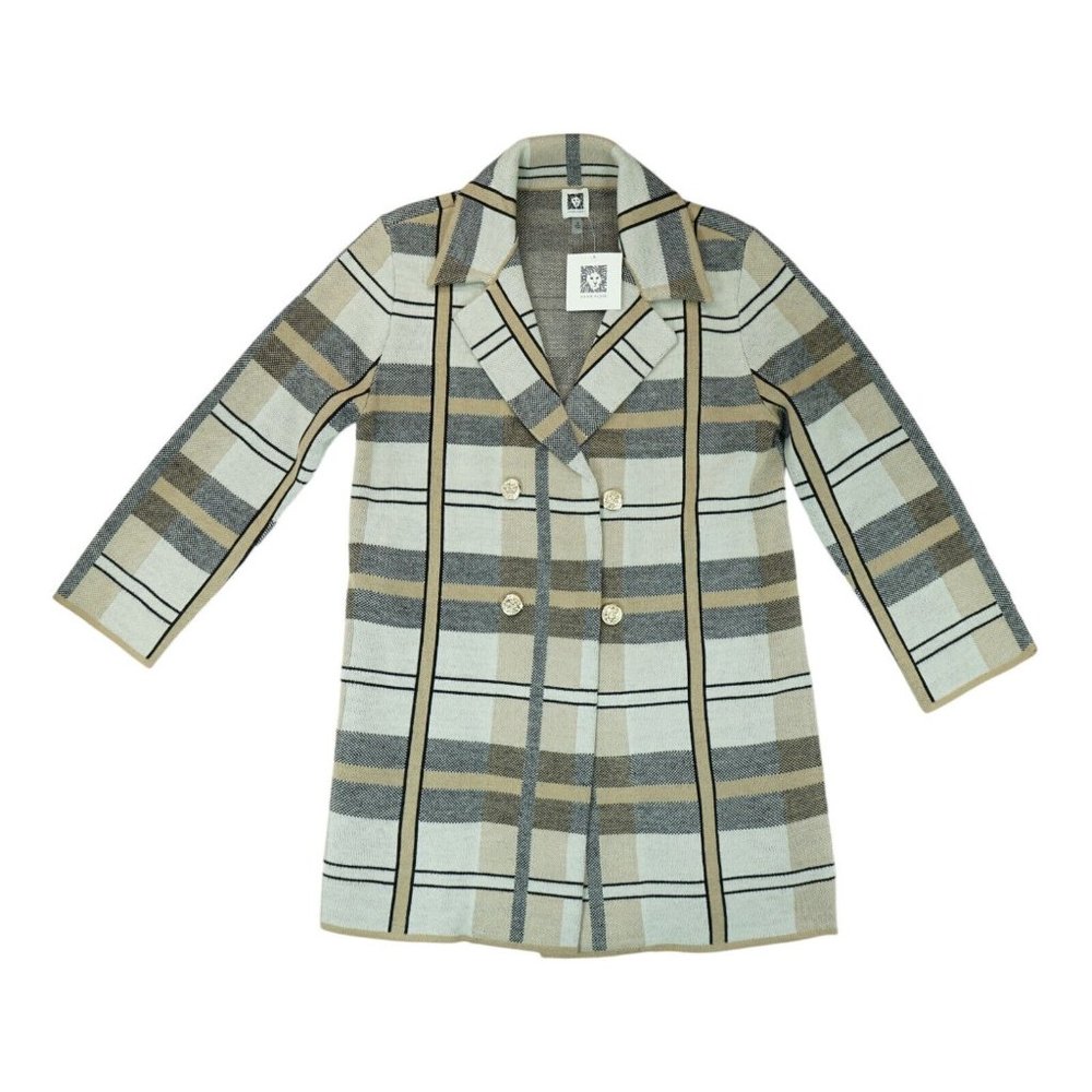 NWT Anne Klein Camel Combo Plaid Trench Coat Open Front 3/4 Sleeve Size Medium M